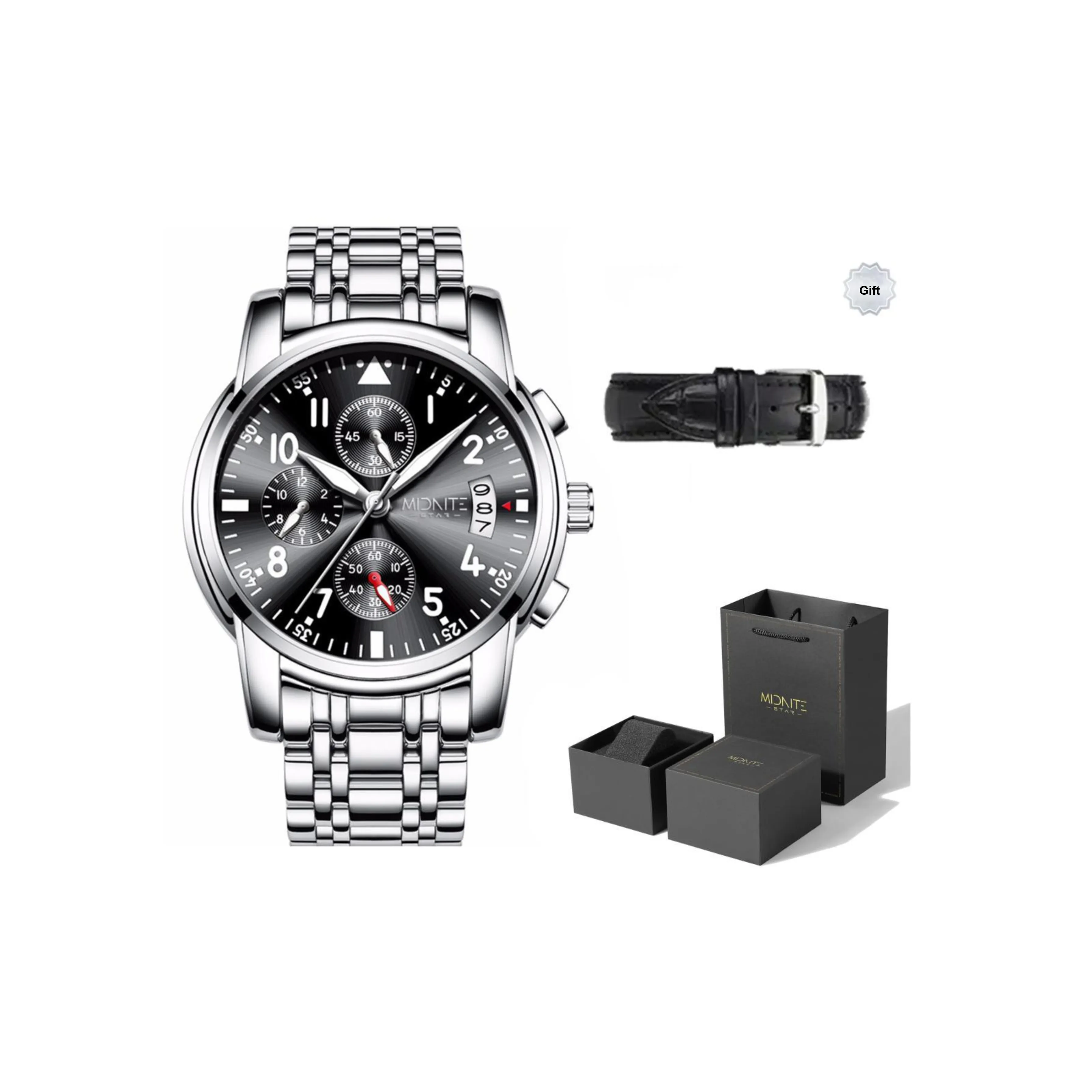 Midnite Star Кварцевый механизм ремешок из нержавеющей стали черный циферблат мужские часы