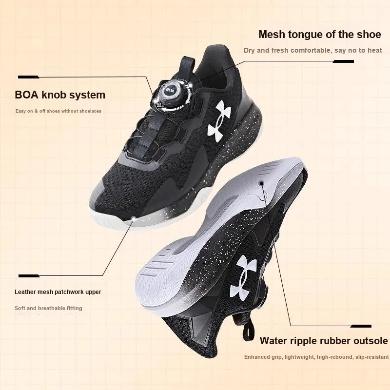Under Armour Anti Slip Wear Resistant Low Top Children's Basketball Shoes Black White Unisex-1