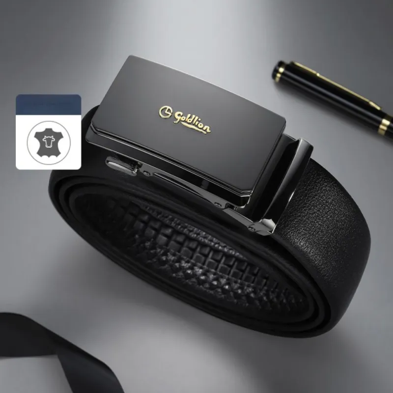 GOLDLION Matte Logo With Anti Fingerprint Feature, Automatic Buckle Top Grain Cow Leather Belts Men's Black-2