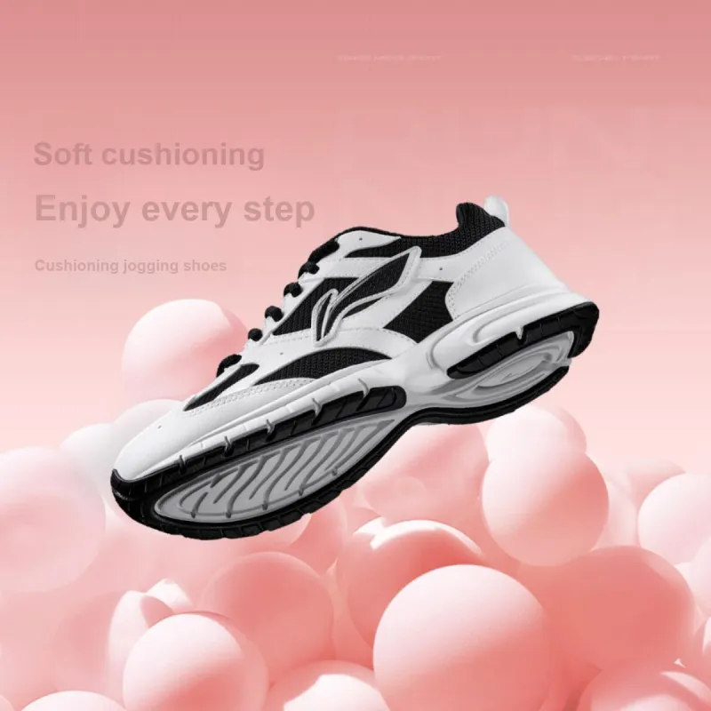 LiNing Cushioning Slip Resistant Abrasion Resistant Breathable Low Top Running Shoes Women's White Black-5