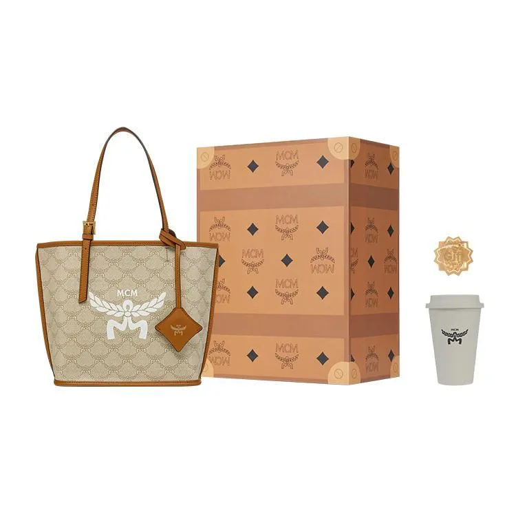 MCM Canvas With Leather Tote Bag Shopping Bag Shoulder Bag Mini Women's Beige-4