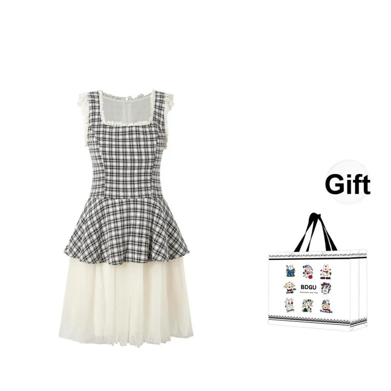 BDGU Sleeveless Dresses Women's Plaid Dress-0