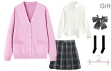 Pink Cardigan+White Long Dress with Cinched Waist+Dark Night Killer Short Skirt, Includes Bow Ties+Calf Socks+Hanger