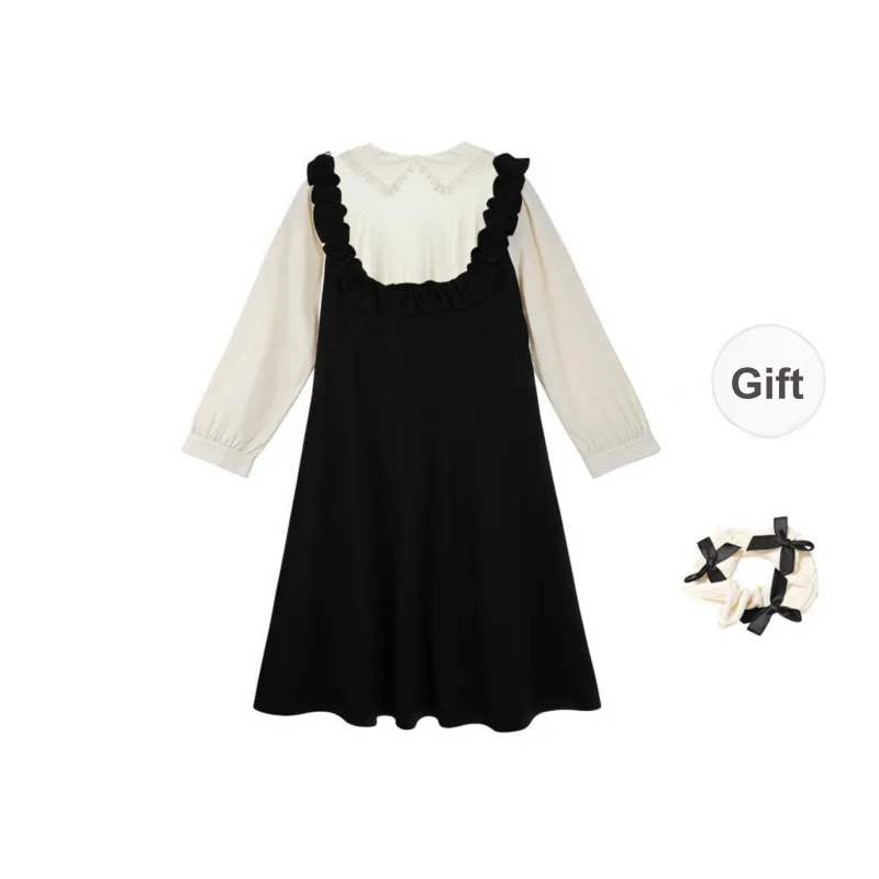 XUOIZA Long Sleeved Dress Women's Black White+Bowknot Hair Tie Comes With-1