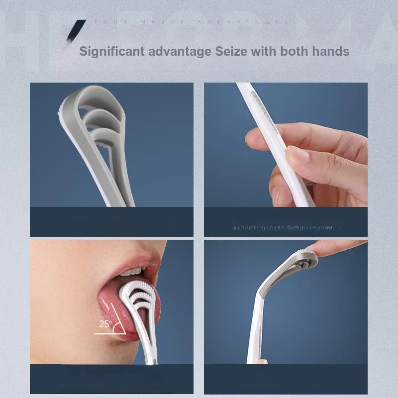 H&E Double Sided Triple Layer Tongue Cleaner Odor Removal Freshening Breath Tongue Scraping Tool 2 Pcs Gray+2 Pcs Blue-4