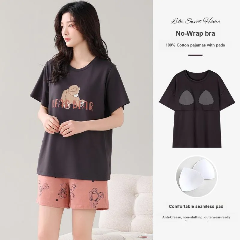 NOME Spring Summer 100% Cotton Pajamas, Short Sleeved Shorts Women's Two Piece Set-7
