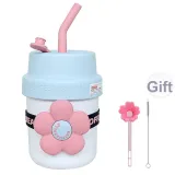 Internet-Famous Floral Straw Insulated Cup-Blue White[Includes Cup Brush+Straw Brush]