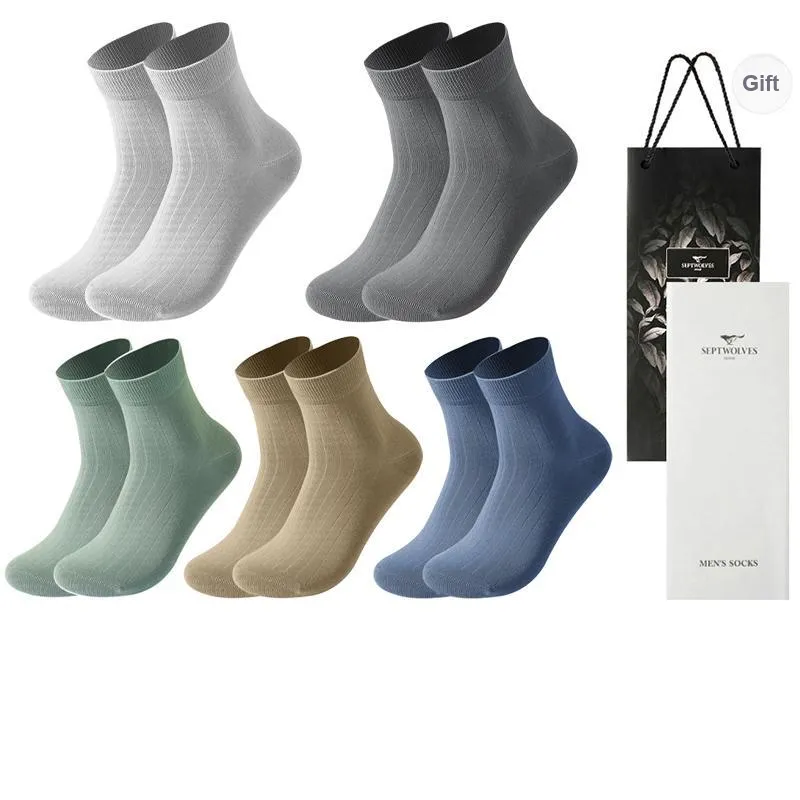 SEPTWOLVES Mid Calf Socks Men's 5 Pack Gift Box Set+Shopping Bag-0