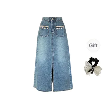PAVEA Denim Long Skirts Women's Blue+Hair Tie Comes With