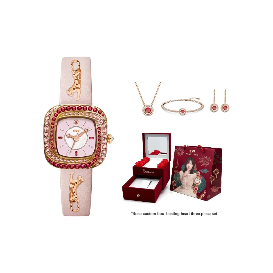 EA Shenbao Collection Кварцевый механизм Кожаный ремешок Часы Женские Розовый циферблат