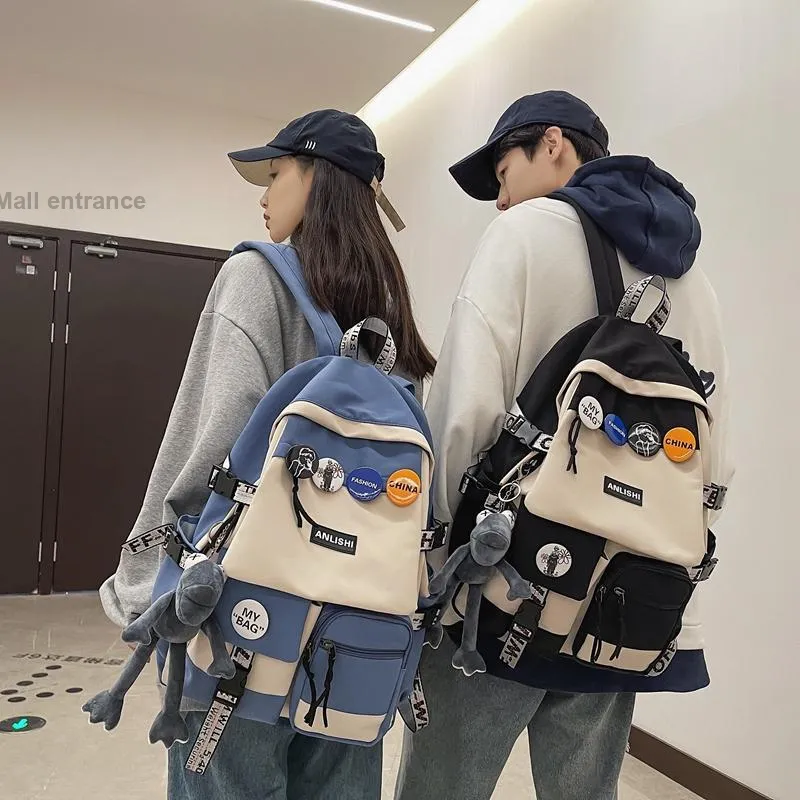 Single Warehouse Nylon Backpack Unisex Gray/Blue/Black & White/Black-17