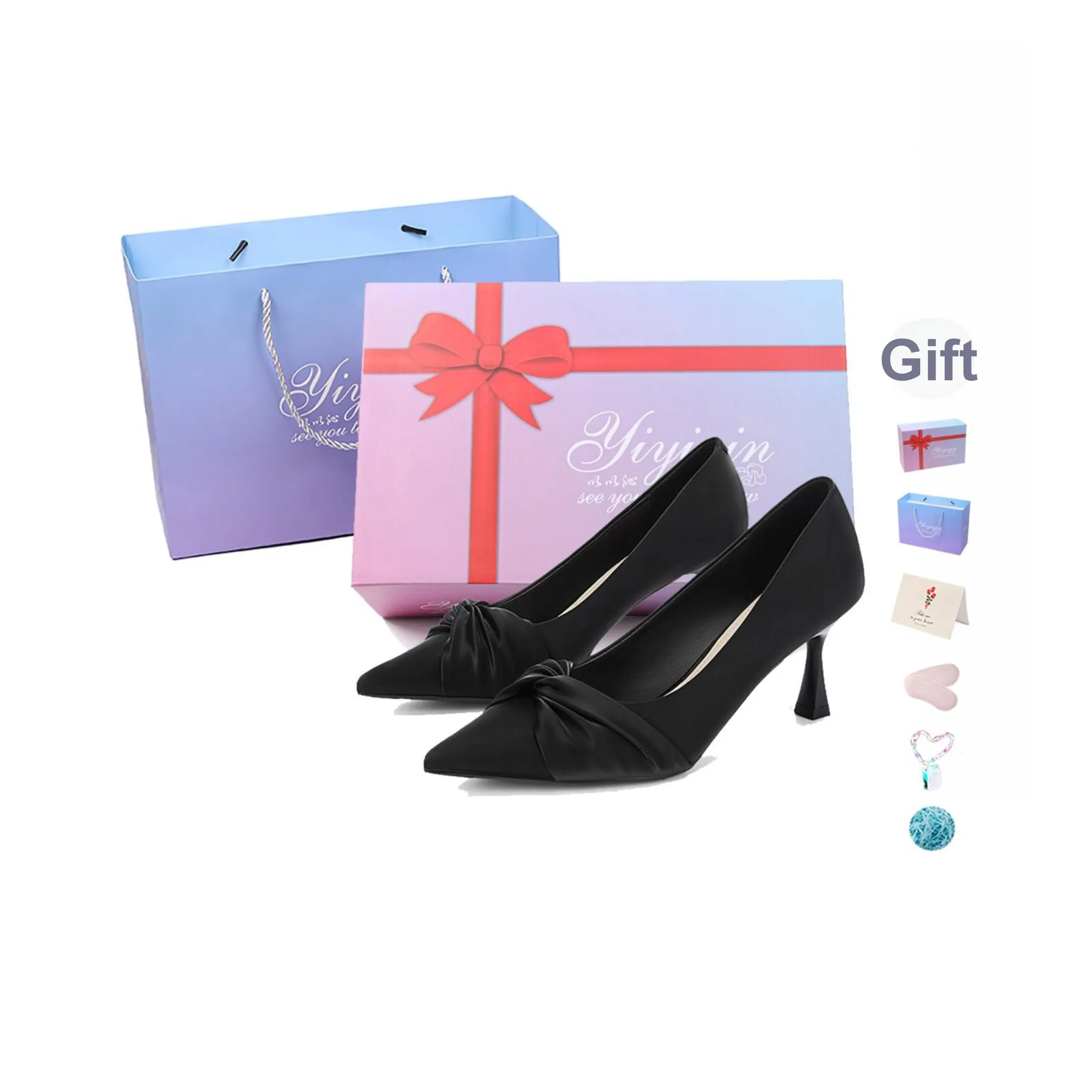 Take The Qin Узкий каблук Высокие каблуки 6 см Женские Черный Набор в подарочной коробке