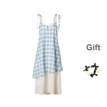 CPAURA Slip Dresses Women's Blue Plaid+Bowknot Hair Tie Comes With