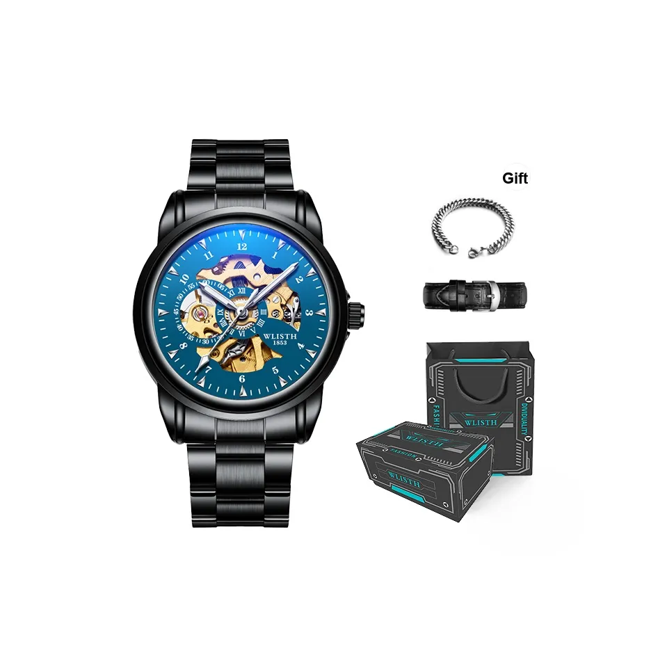 WLISTH Автоматический Механический Механизм Стальной Ремешок Часы Мужские Черный Циферблат