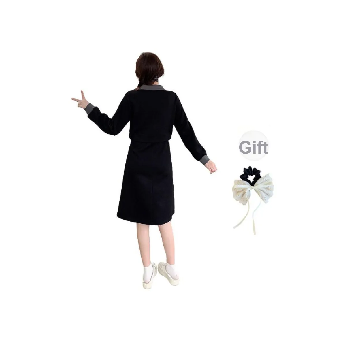 PAVEA Long Sleeved Dress Women's Black+Bowknot Hair Tie Comes With