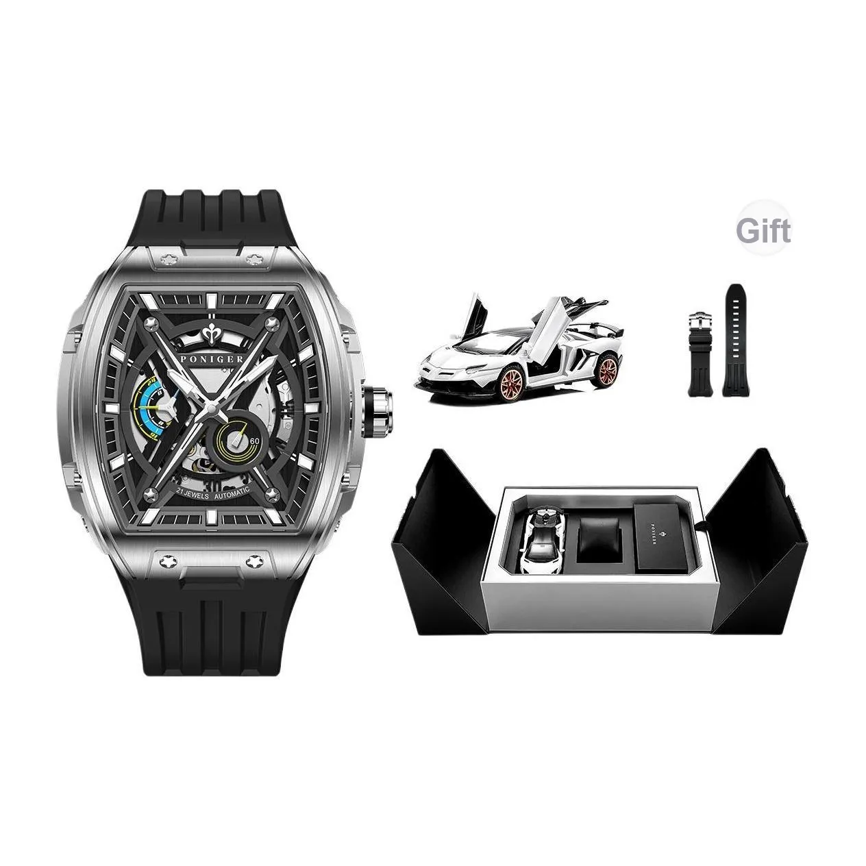 PONIGER Автоматический механический механизм Мужские часы 51mm*46mm*13mm Скелет