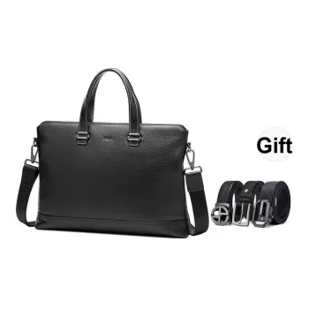 POLO Top Grain Cow Leather Men's Shoulder Bag, Crossbody Bag Briefcase Tubas Men's Black
