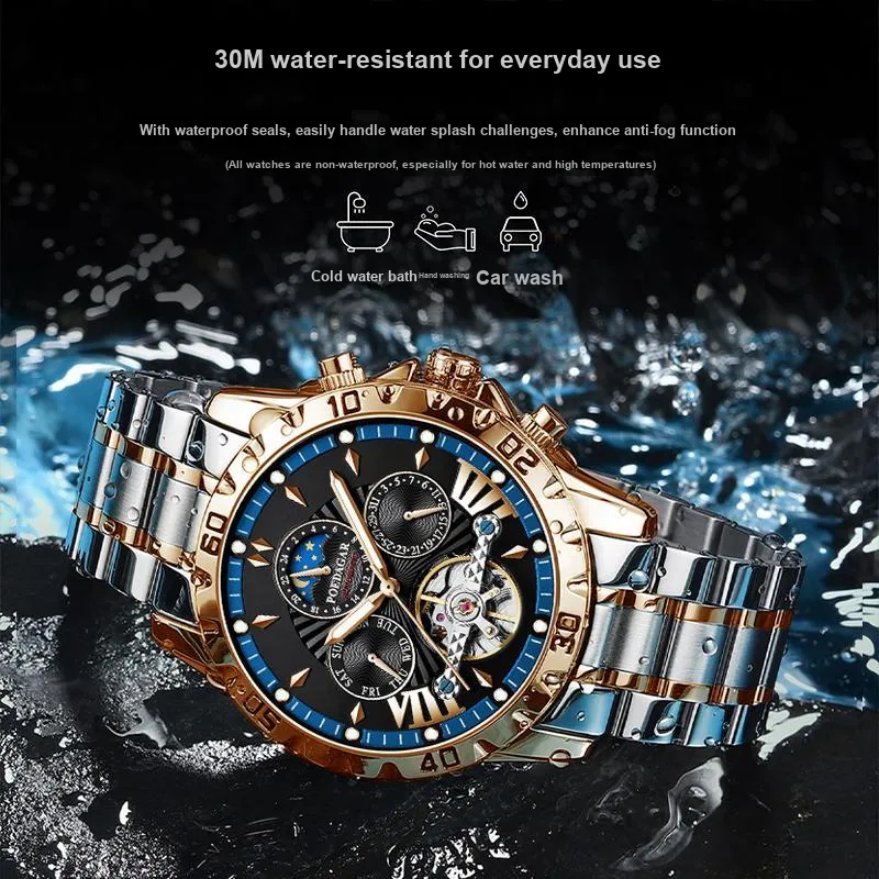 POEDAGAR Automatic Mechanical Movement Stainless Steel Watchband Watch Men's Watches Black Dial-22