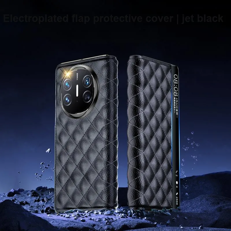 KAREN BURTON Genuine Leather Material Flap Diamond Pattern Smart View Window Phone Case Compatible Huawei Mate 6-0