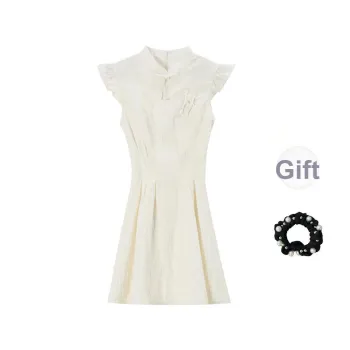 / Short Sleeved Dresses Women's Milk White+Hair Tie Comes With