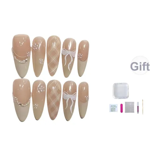 A Few More Cute Шахматный узор Бабочка Съемный Элегантный Стиль False Nail Овал Белый Телесный Французский