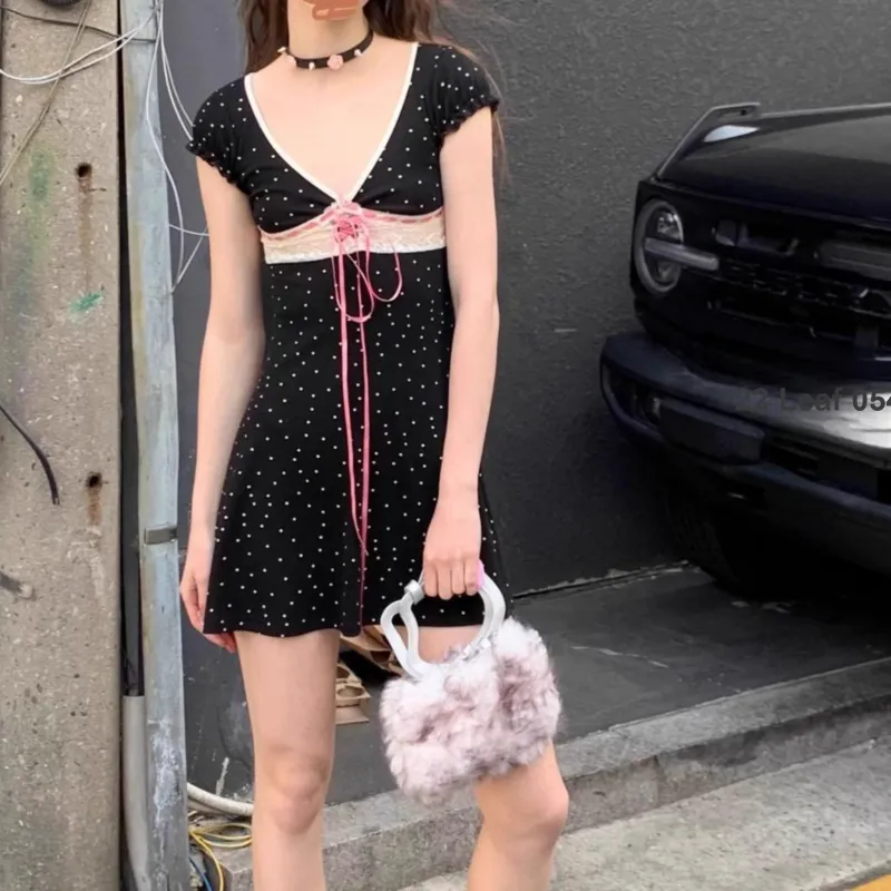 TORIGHT Short Sleeved Dress Women's Black+Bowknot Hair Tie Comes With-5