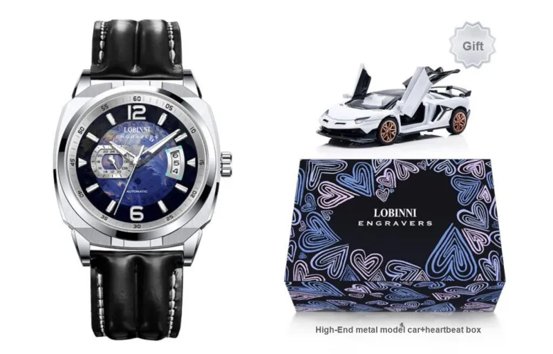 LOBINNI L Automatic Mechanical Movement Genuine Leather Strap Watch Men's Watches Blue Dial-1