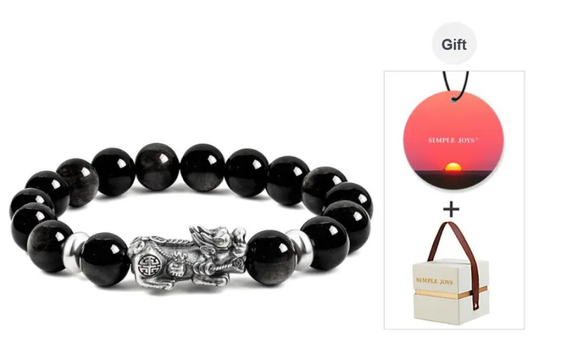 SIMPLE JOYS Obsidian 3D Sterling Silver Chinese Auspicious Animal Beaded Bracelet Unisex-3