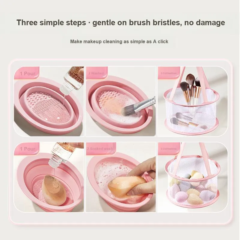 FEILINKA Makeup Brush Silicone Foldable Bowl With Drying Mesh Tool Clean Three Piece Set-6