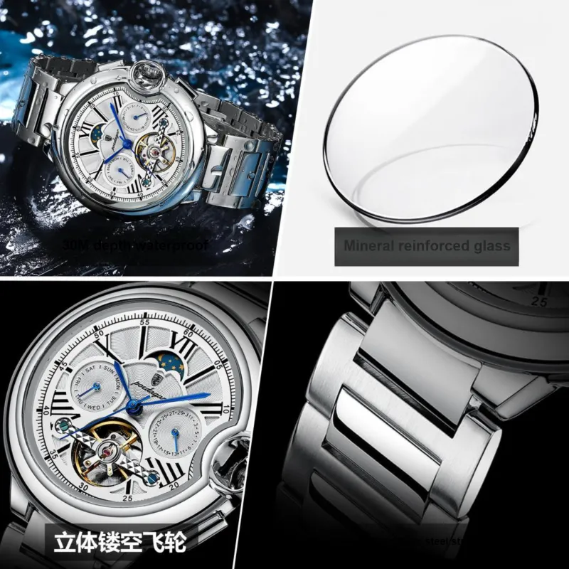 POEDAGAR Mechanical Movement Stainless Steel Watchband Men's Watches White Dial-3