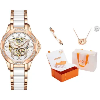 ABORNI Cherished Love Collection Automatic Mechanical Movement Ceramic Strap Watch Women's Watch Cut-Out Dial