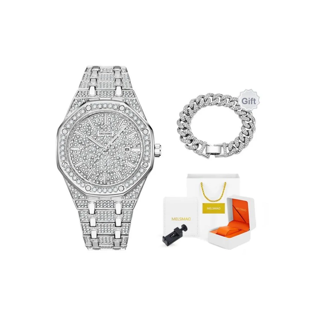 MELSMAO Luxurious Baby's Breath Men's Wrist Watch Quartz Movement Alloy Strap Watch Men's Watches Silver Dial