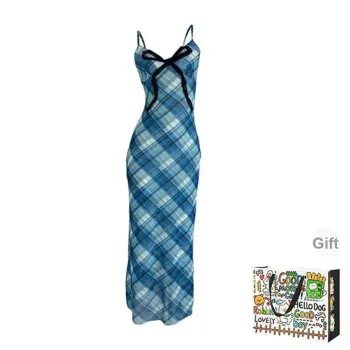 ZVJH Slip Dresses Women's Blue Plaid Camisole Long Skirt Shopping Bag