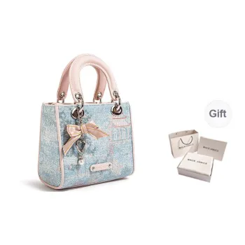 MACKJANICE Polyurethane Synthetic Leather Handbag Women's Blue And White Embroidered Pink