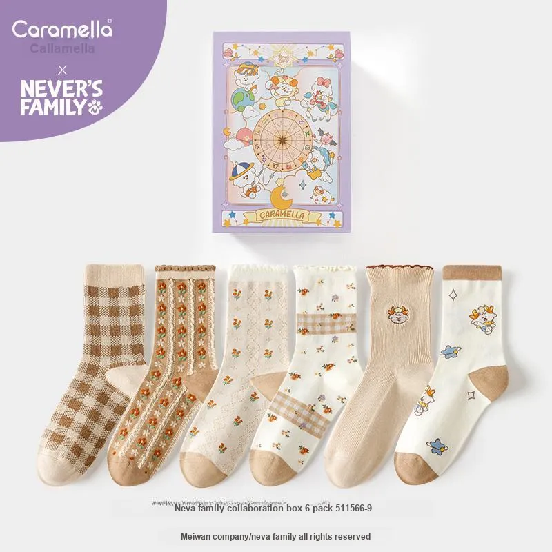Caramella x Naiva Family Mid Calf Socks Women's Gift Box Of 6 Doubles-11