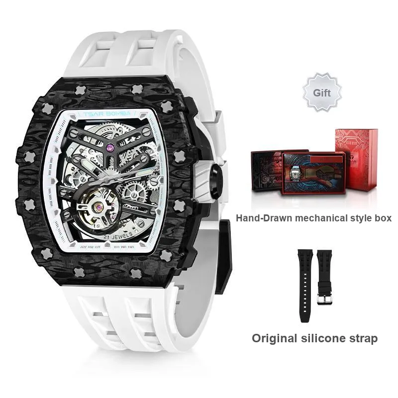 TSAR BOMBA Automatic Mechanical Movement Silicone Strap Watch Men's Watches Black Dial-7