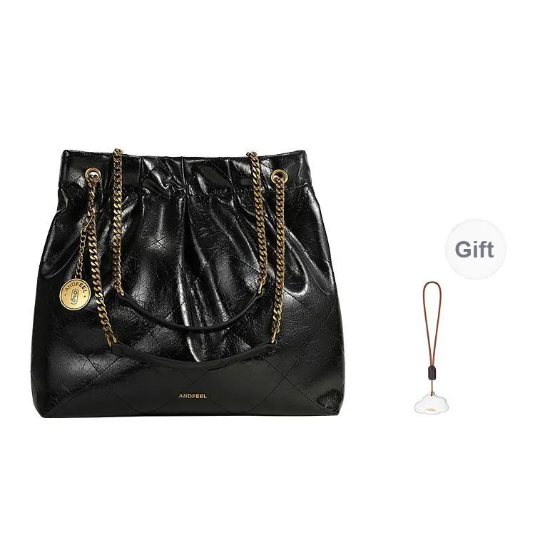 ANDFEEL Cow Leather Chain Tote Trash Bag, Shoulder Bag Tubas Women's Black-0
