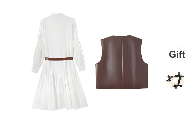 TURN UP Skirt Set Women's Long Coffee White Two Piece Set, Includes Belt+Bowknot Hair Tie Comes With-1