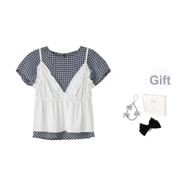 Fstudio Korean Preppy Style Top Plaid Inner Short Sleeved Two Piece Set T Shirt Women's
