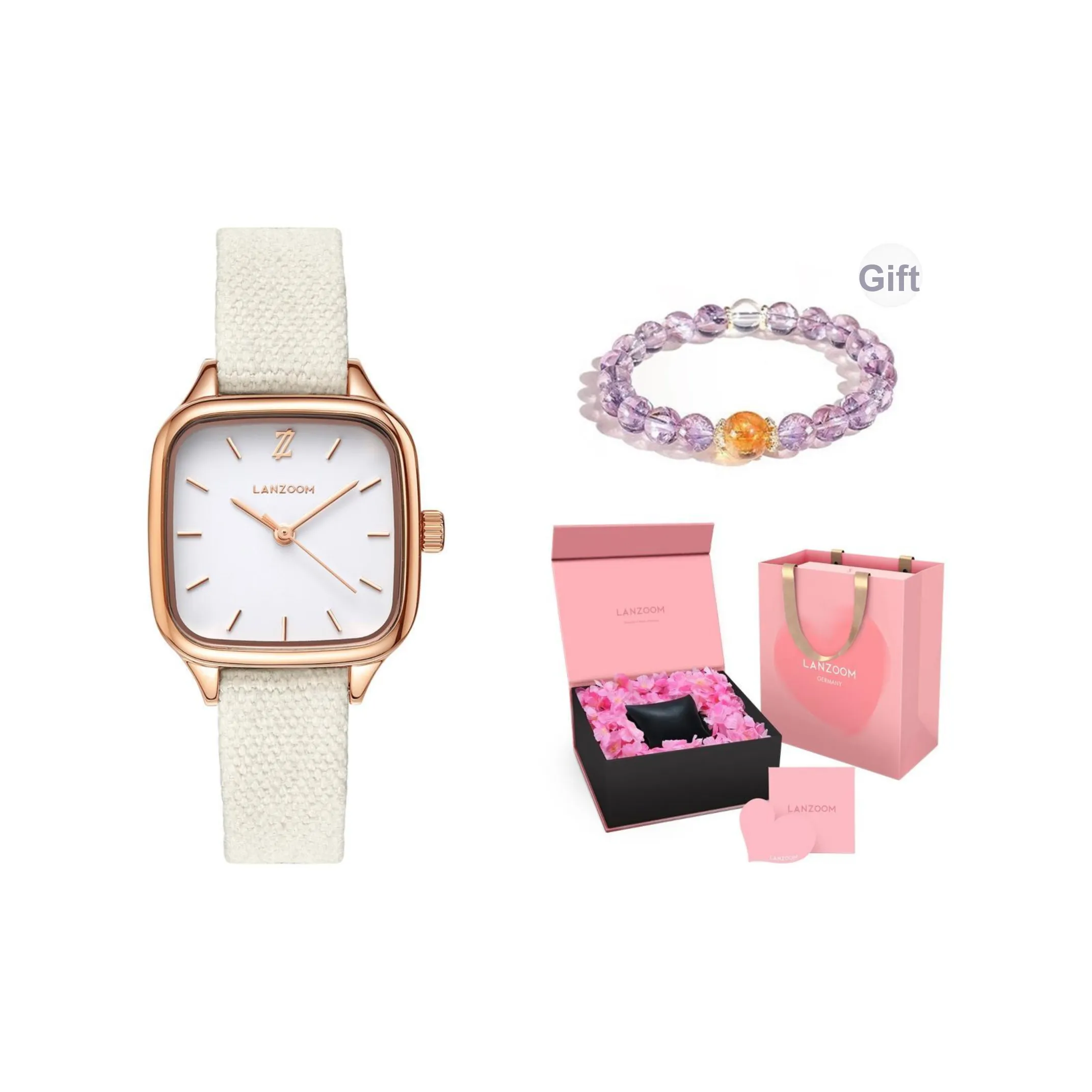 LANZOOM Small Block Collection Кварцевый механизм Женские часы Обхват запястья Часы Белый циферблат Корпус из нержавеющей стали Ремешок для часов