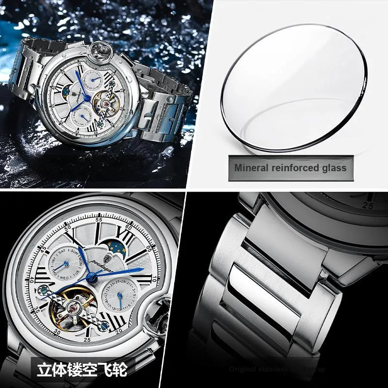 POEDAGAR Mechanical Movement Stainless Steel Watchband Men's Watches White Dial-24