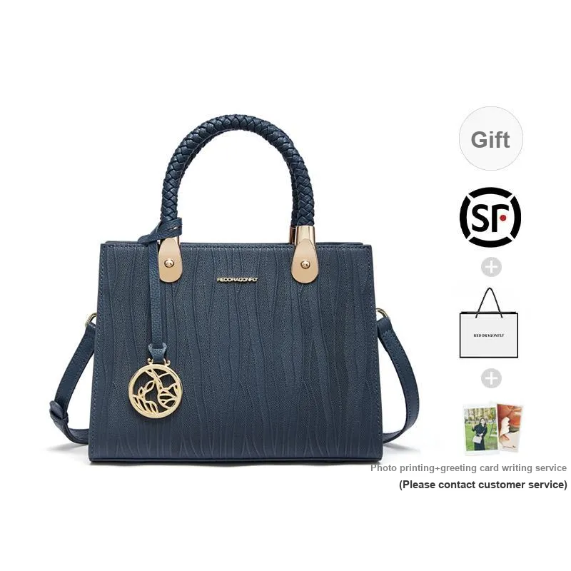 RED DRAGONFLY Cow Leather Tote Handbag, Crossbody Bag Women's Blue/Black-8