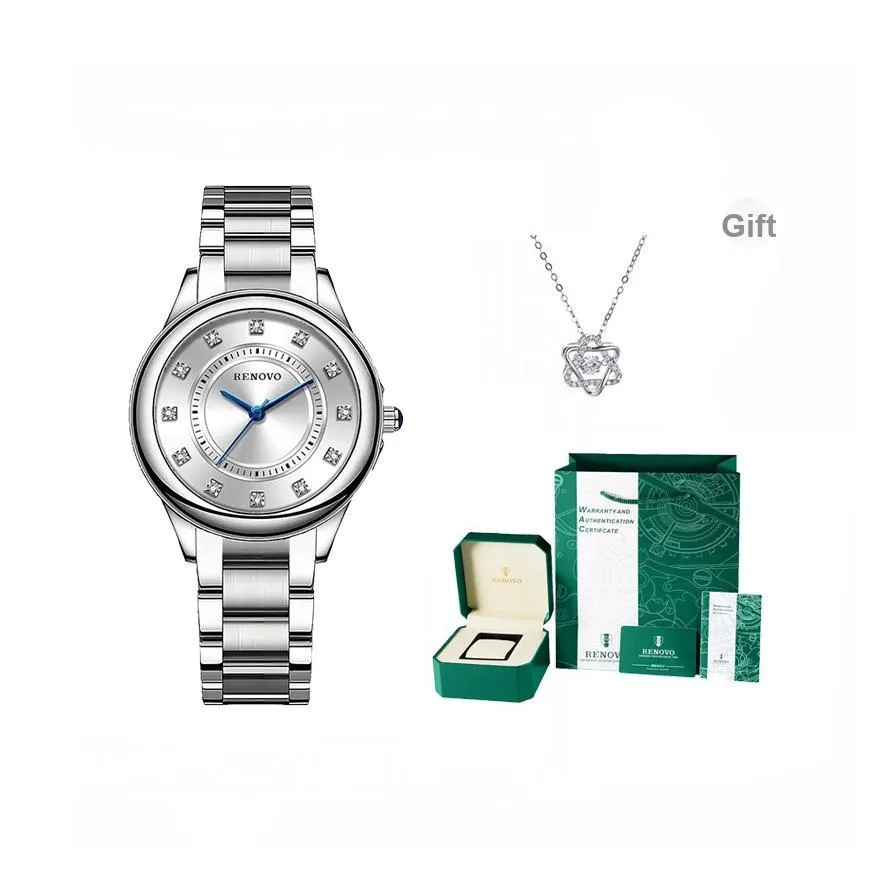 RENOVO Кварцевый механизм нержавеющая сталь ремешок часы женские белый циферблат