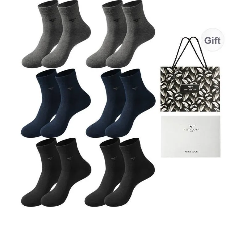 SEPTWOLVES Mid Calf Socks Men's 6 Pairs Gift Box Sets+Shopping Bag-3