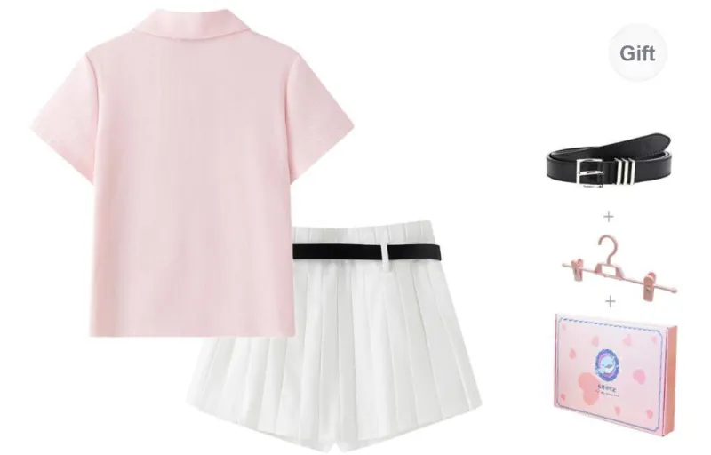 Tokyo Season Uniforms Women's Gift Box Set, Pink Polo Shirt+White Pleated Short Skirt Skort With Belt And Hanger-1