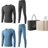 2-Piece Underwear Set (Downpour Gray+Blue) with German Velvet Heat Technology/Anti-Bacterial/Invisible V-Neck