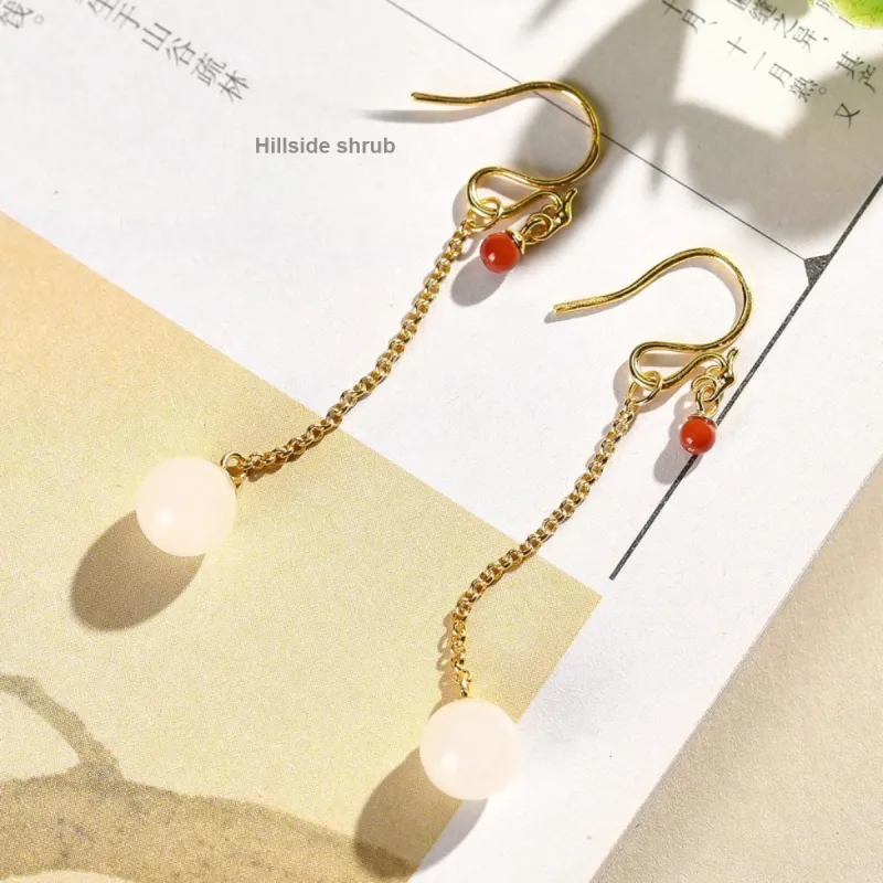 Cuiya Golden Building Hetian Jade Earrings Pale Greenish White Jade Women's-5