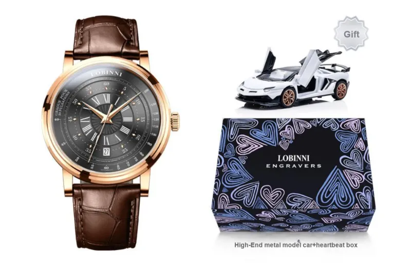 LOBINNI L Automatic Mechanical Movement Cowhide Strap Watch Men's Watches Black Dial-5