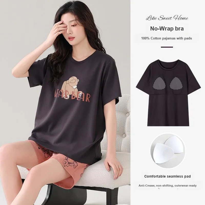NOME Spring Summer 100% Cotton Pajamas, Short Sleeved Shorts Women's Two Piece Set-2