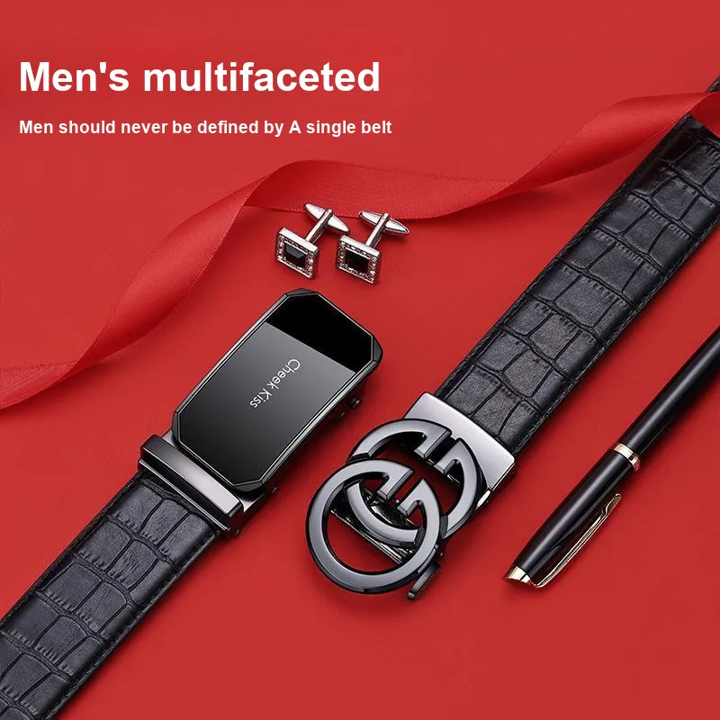 Cheekkiss Top Grain Cow Leather Litchi Grain Automatic Buckle Clothing Sets Leather Belts Men's 3.5cm-7